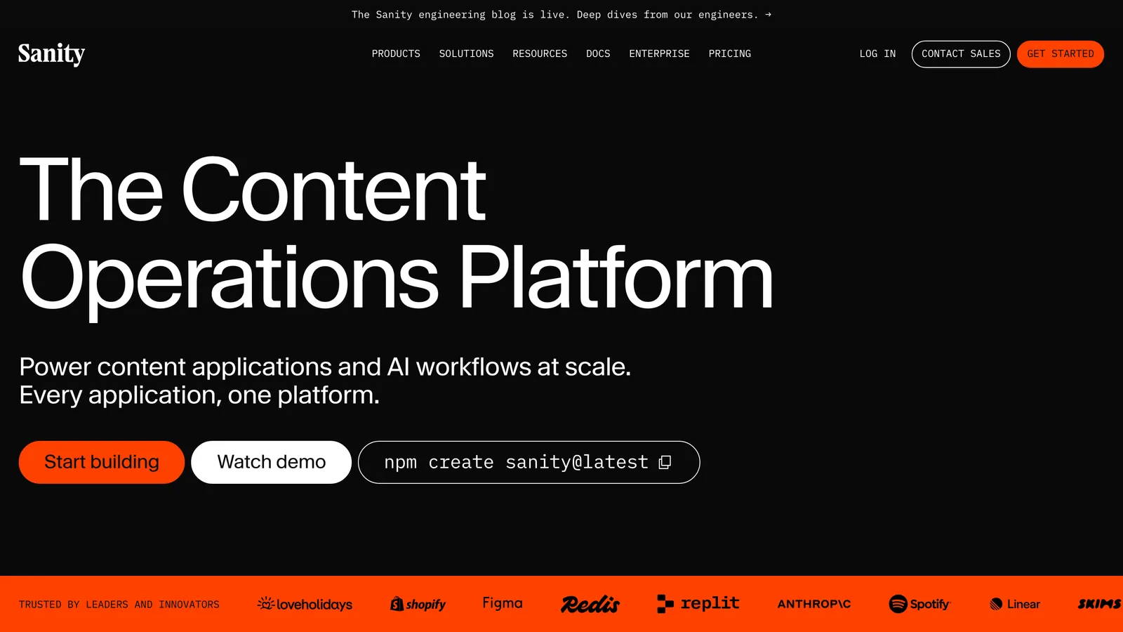 Screenshot of the Sanity website