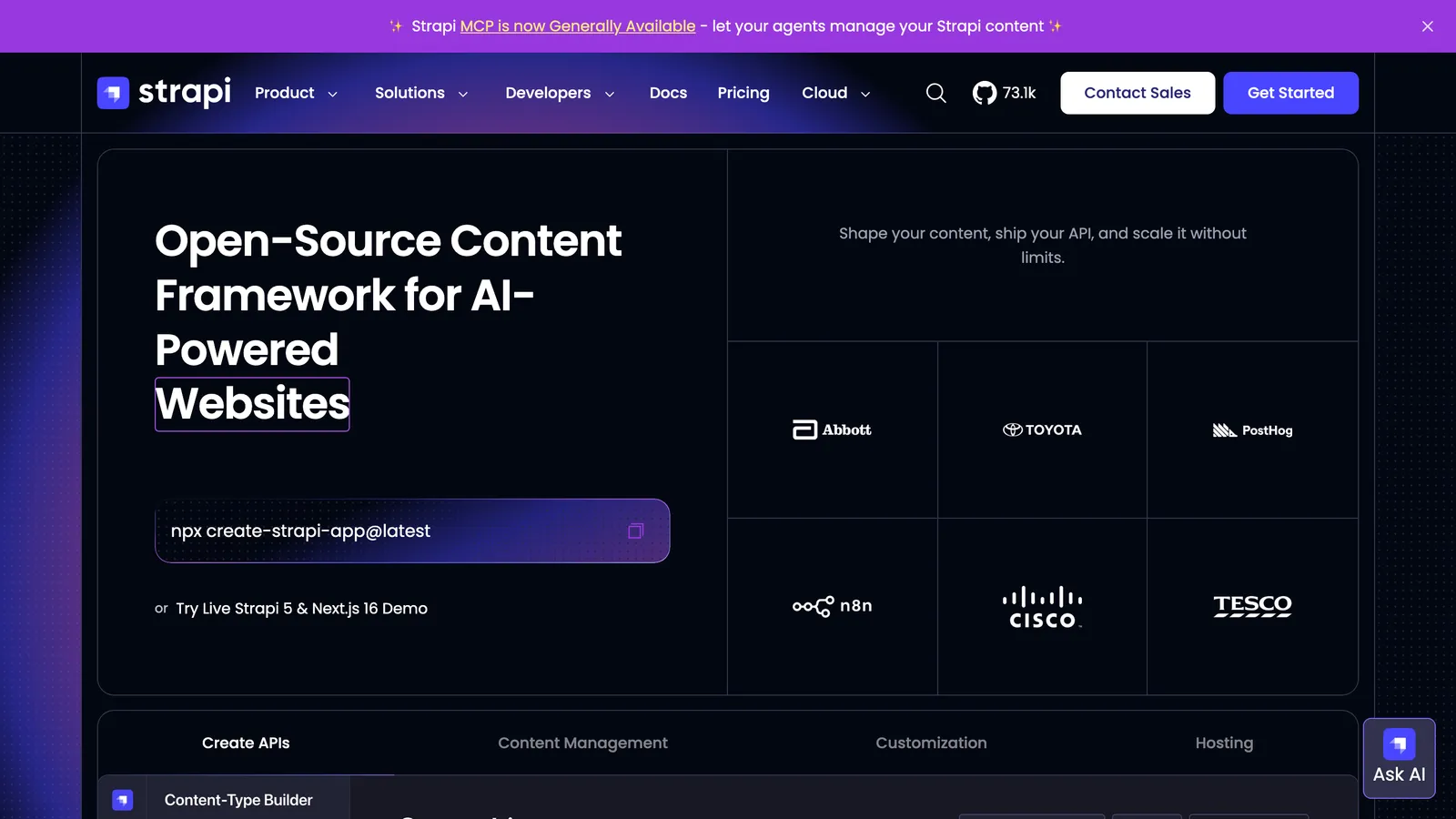 Screenshot of the Strapi website